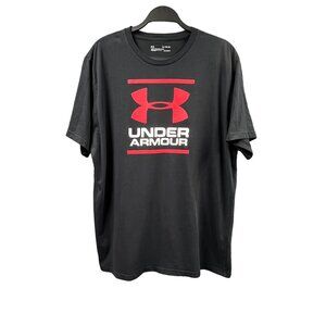 Under Armour Heatgear Mens XL Black‎ Graphic T-Shirt Red Logo Loose Athletic Fit